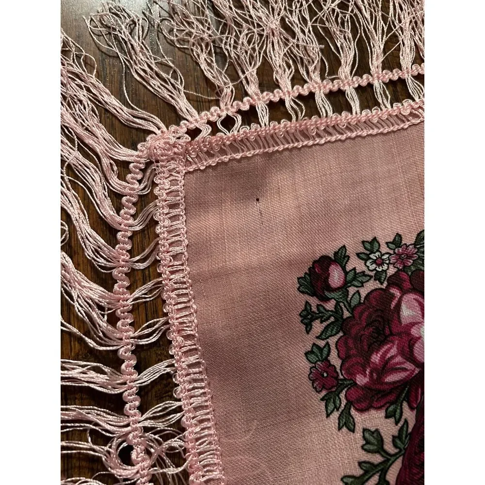 Vintage Kashmir Woole Floral Fringe Scarf - Pink Rose Square Wrap Bohemian Style